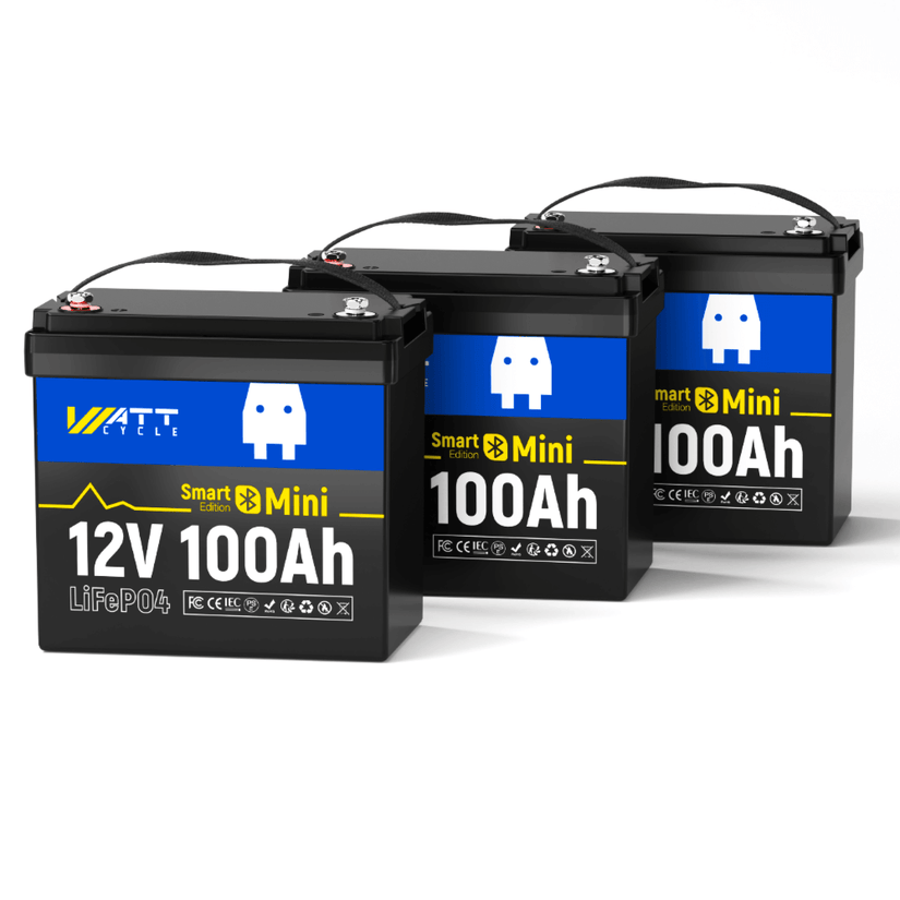 3pcs WattCycle 12V 100Ah Mini Bluetooth LiFePO4 Lithium Battery