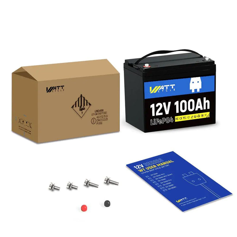 Package content of WattCycle 12V 100Ah Lithium Leisure Battery Group 24
