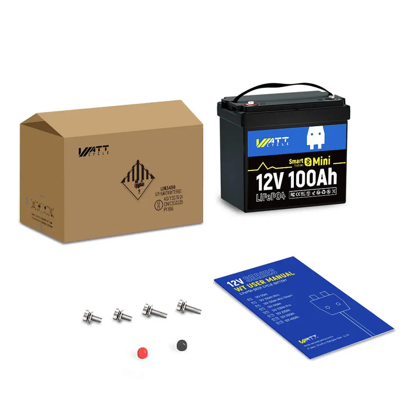 Package content of WattCycle 12V 100Ah Mini Bluetooth LiFePO4 Lithium Battery