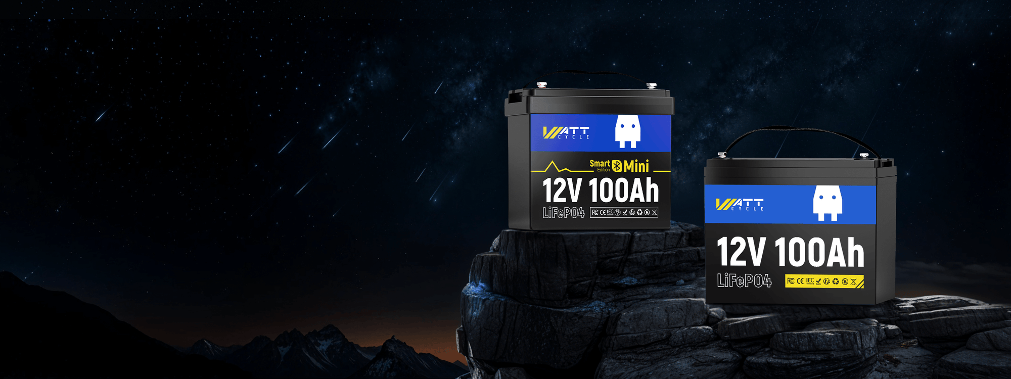 WattCycle 12V 100Ah Group 24 LiFePO4 battery & 12V 100Ah Mini Bluetooth battery