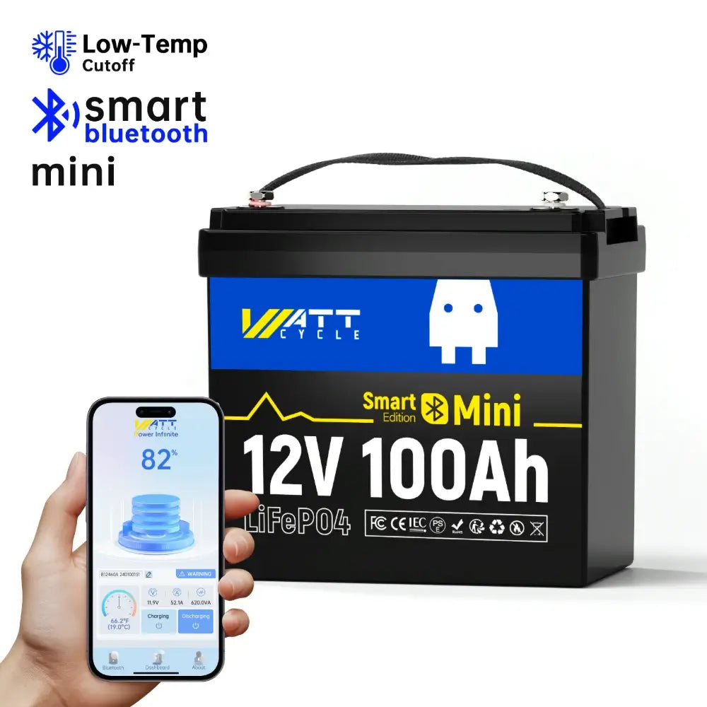 WattCycle 12V 100Ah Mini Bluetooth LiFePO4 Lithium Battery | ECE R10 Certified