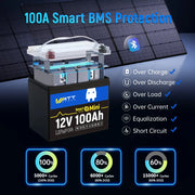 WattCycle 12V 100Ah Mini Bluetooth LiFePO4 Lithium Battery with 100A smart BMS protections