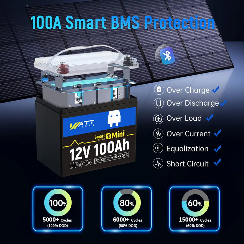 WattCycle 12V 100Ah Mini Bluetooth LiFePO4 Lithium Battery with 100A smart BMS protections