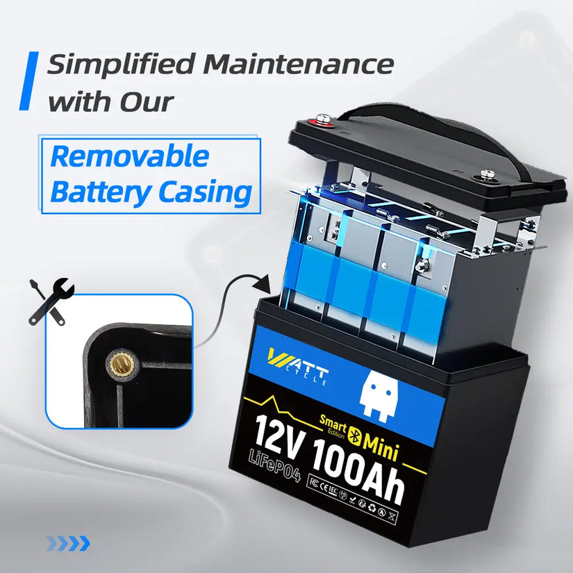 WattCycle 12V 100Ah Mini Bluetooth LiFePO4 Lithium Battery with detachable design